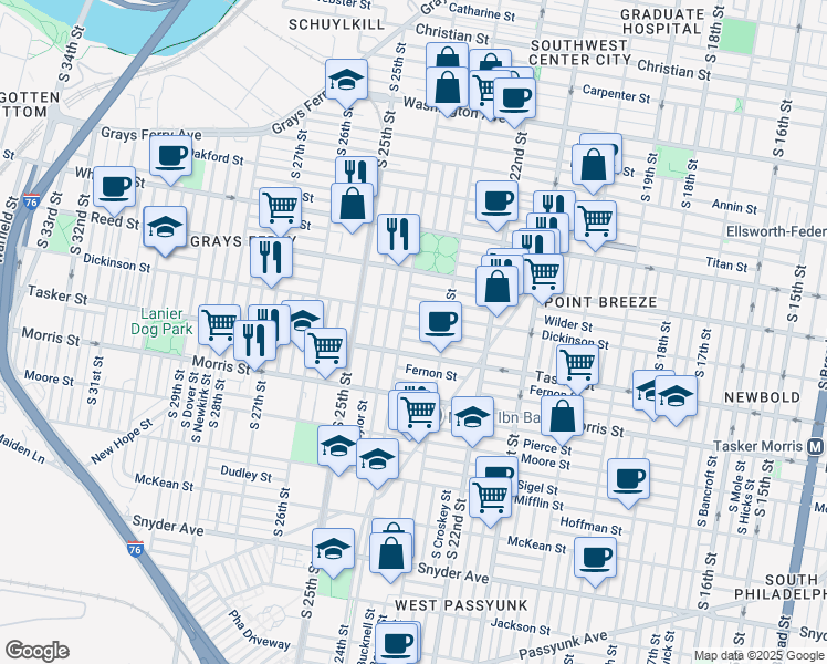map of restaurants, bars, coffee shops, grocery stores, and more near 1527 South 24th Street in Philadelphia