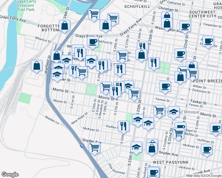 map of restaurants, bars, coffee shops, grocery stores, and more near in Philadelphia