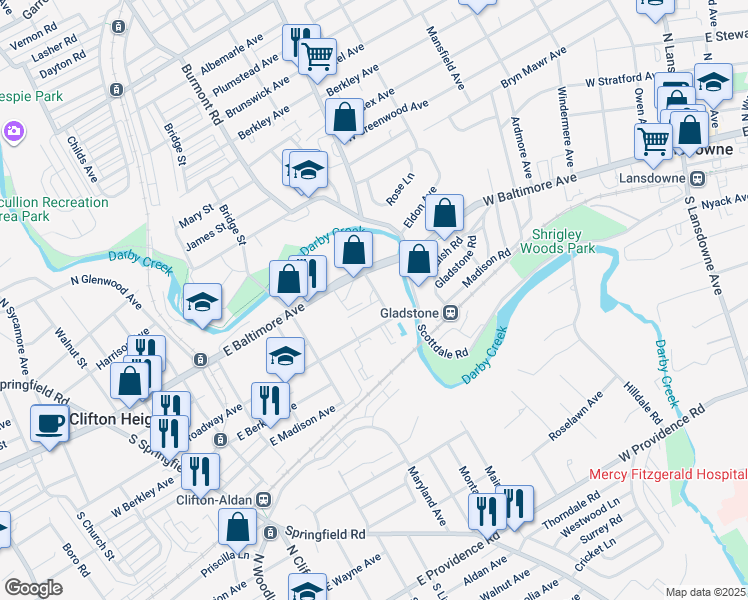 map of restaurants, bars, coffee shops, grocery stores, and more near 117 Jackson Street in Clifton Heights