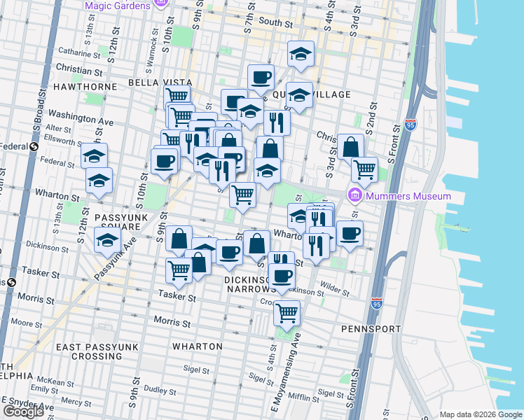 map of restaurants, bars, coffee shops, grocery stores, and more near 1216 South 5th Street in Philadelphia