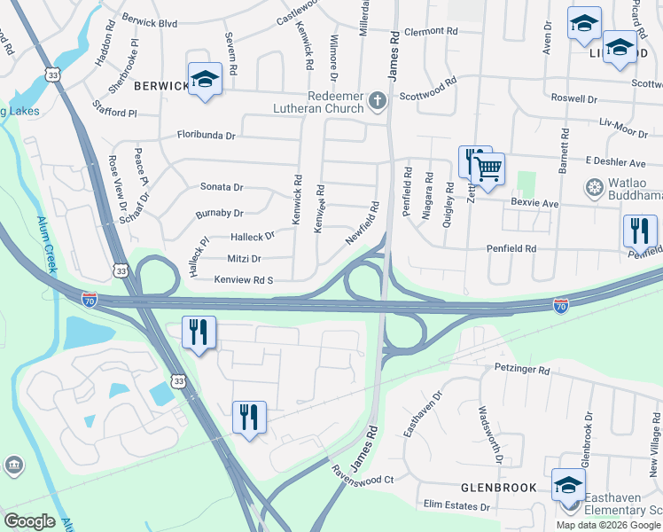 map of restaurants, bars, coffee shops, grocery stores, and more near 1818 Newfield Road in Columbus