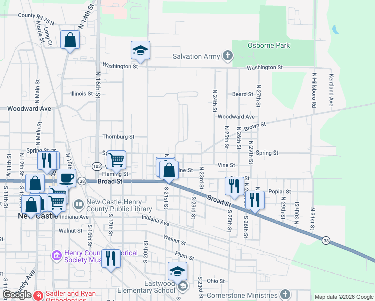 map of restaurants, bars, coffee shops, grocery stores, and more near 2203-2209 Spring Street in New Castle