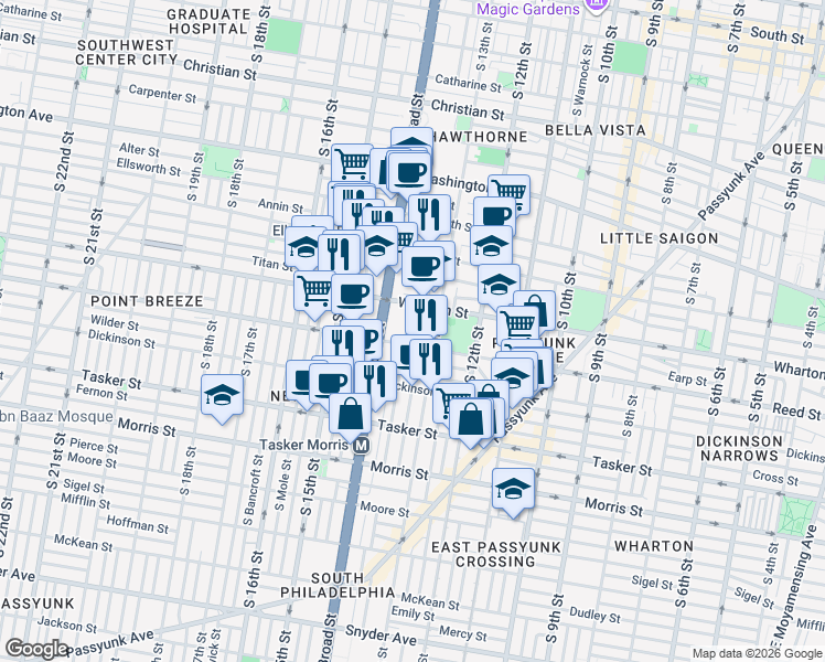 map of restaurants, bars, coffee shops, grocery stores, and more near 1323 Reed Street in Philadelphia