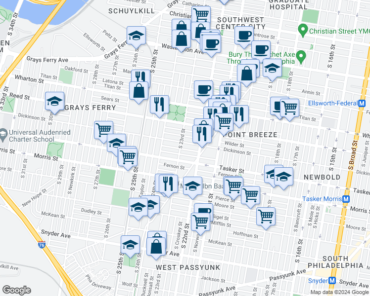 map of restaurants, bars, coffee shops, grocery stores, and more near 2245 Greenwich Street in Philadelphia