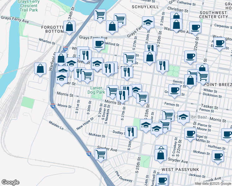 map of restaurants, bars, coffee shops, grocery stores, and more near 1605 South 28th Street in Philadelphia