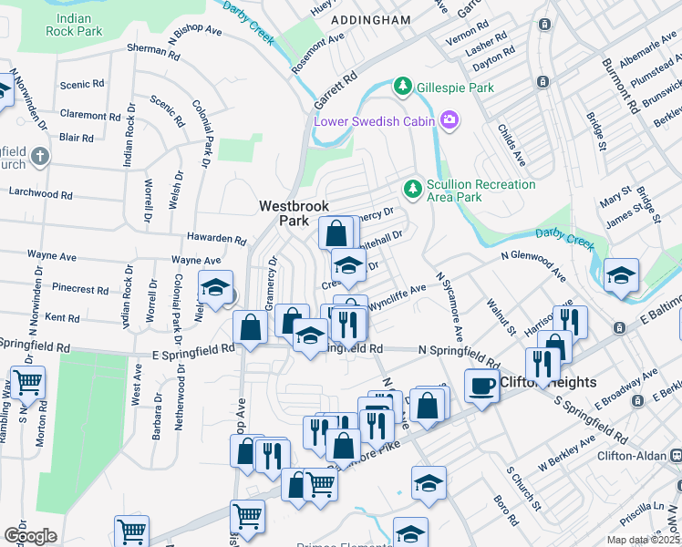 map of restaurants, bars, coffee shops, grocery stores, and more near 270 North Oak Avenue in Clifton Heights