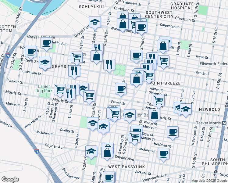 map of restaurants, bars, coffee shops, grocery stores, and more near 1527 South 24th Street in Philadelphia