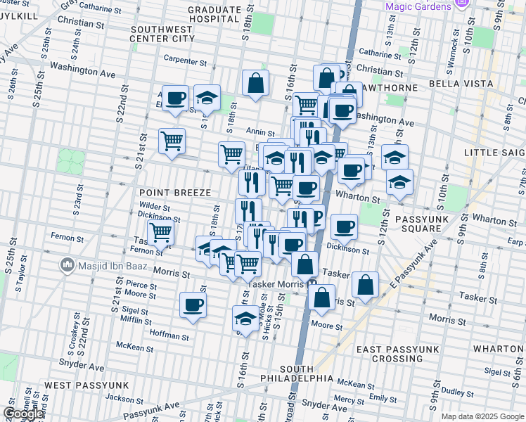 map of restaurants, bars, coffee shops, grocery stores, and more near 1405 South Bancroft Street in Philadelphia