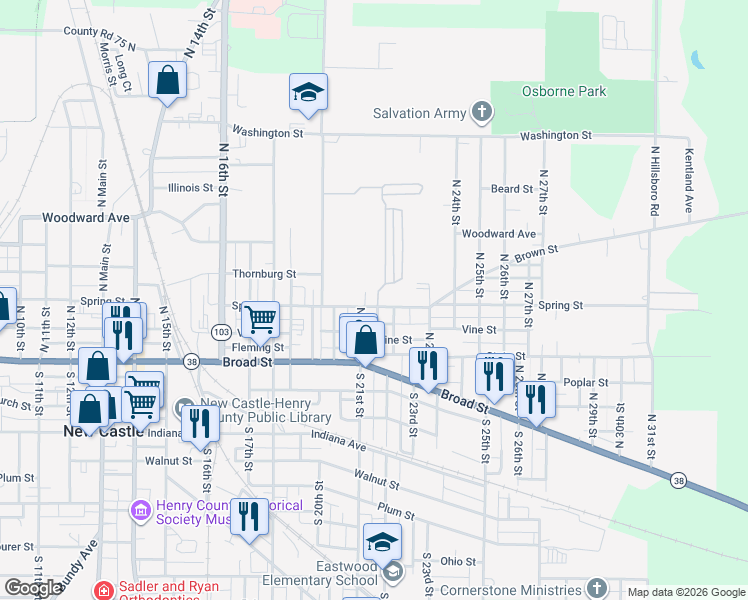 map of restaurants, bars, coffee shops, grocery stores, and more near 2101-2199 Spring St in New Castle