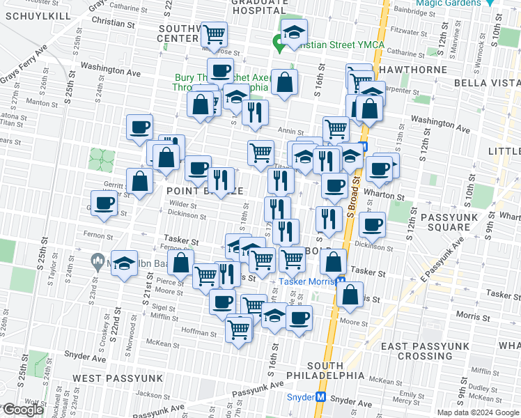 map of restaurants, bars, coffee shops, grocery stores, and more near 1416 South Colorado Street in Philadelphia