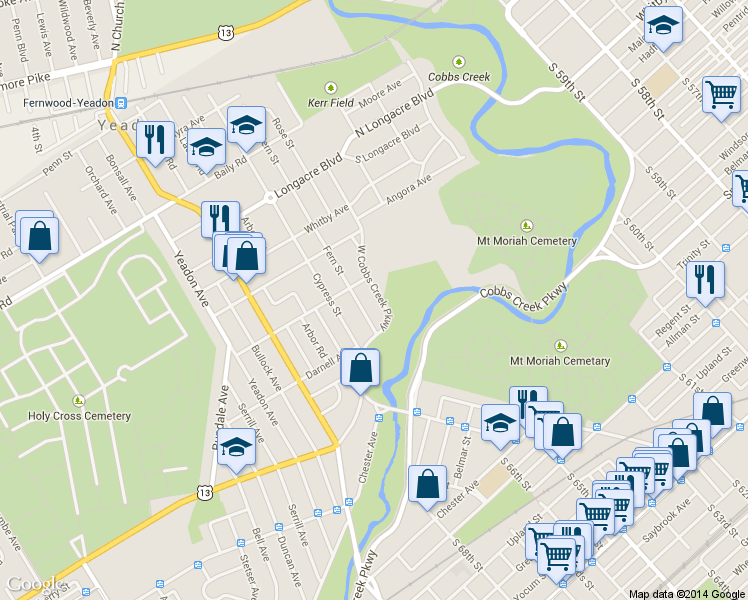 map of restaurants, bars, coffee shops, grocery stores, and more near 826 West Cobbs Creek Parkway in Yeadon