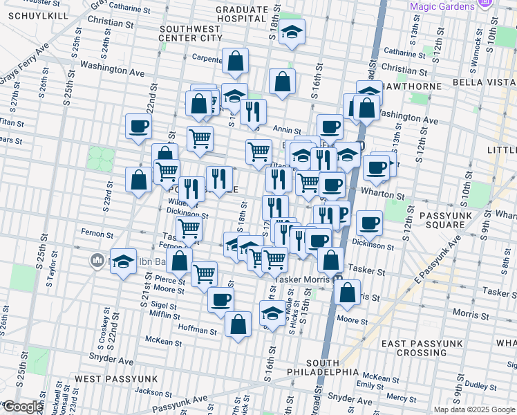 map of restaurants, bars, coffee shops, grocery stores, and more near 1416 South Colorado Street in Philadelphia