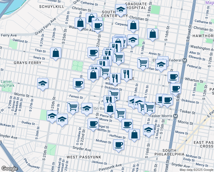 map of restaurants, bars, coffee shops, grocery stores, and more near 2039 Dickinson Street in Philadelphia