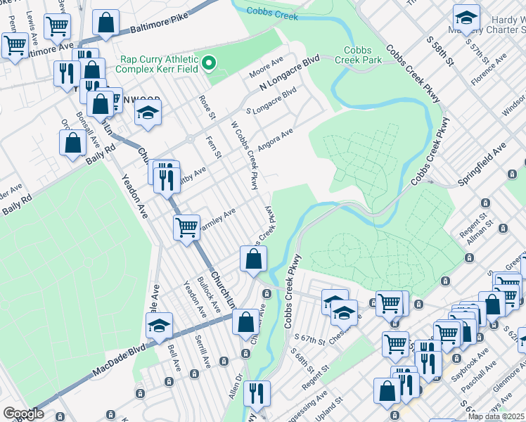 map of restaurants, bars, coffee shops, grocery stores, and more near 826 West Cobbs Creek Parkway in Yeadon