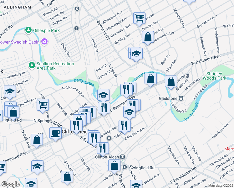 map of restaurants, bars, coffee shops, grocery stores, and more near 3900 Bridge Street in Drexel Hill