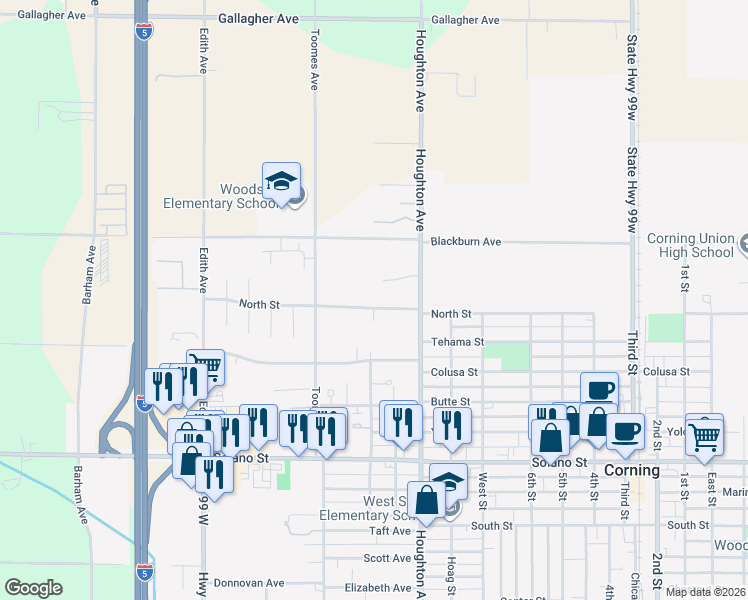 map of restaurants, bars, coffee shops, grocery stores, and more near 1880 North St in Corning