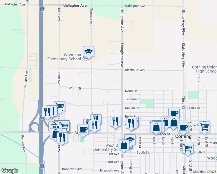map of restaurants, bars, coffee shops, grocery stores, and more near 1890 North Street in Corning