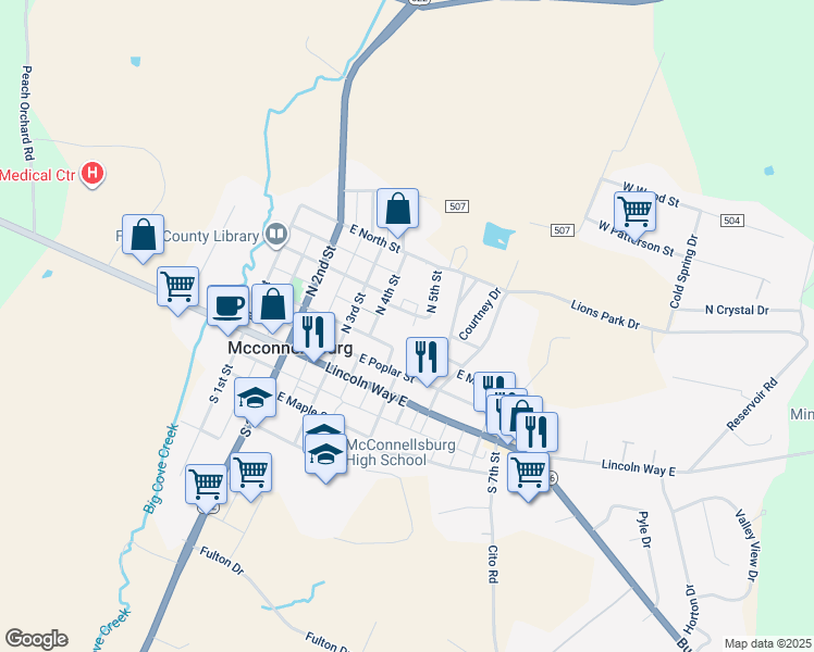 map of restaurants, bars, coffee shops, grocery stores, and more near 104 Myers Avenue in McConnellsburg