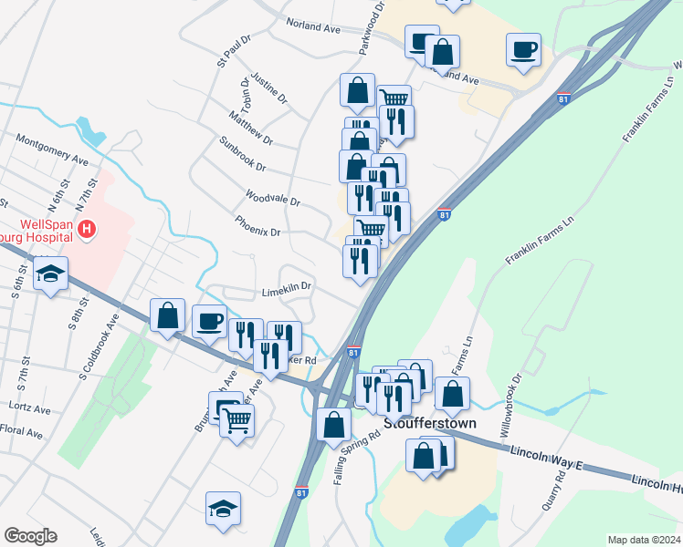 map of restaurants, bars, coffee shops, grocery stores, and more near 414 Phoenix Drive in Chambersburg