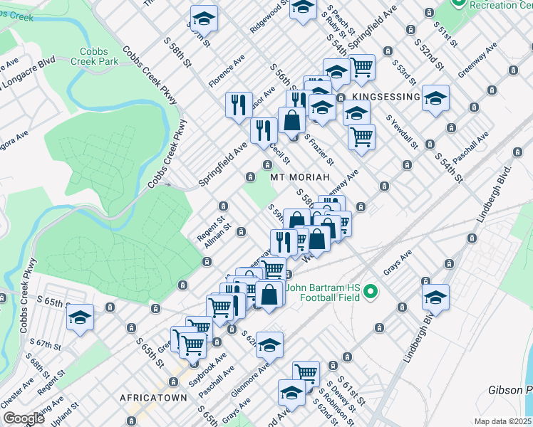 map of restaurants, bars, coffee shops, grocery stores, and more near 2005 South Redfield Street in Philadelphia