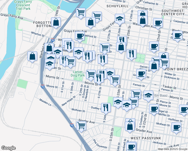 map of restaurants, bars, coffee shops, grocery stores, and more near 1603 South 28th Street in Philadelphia