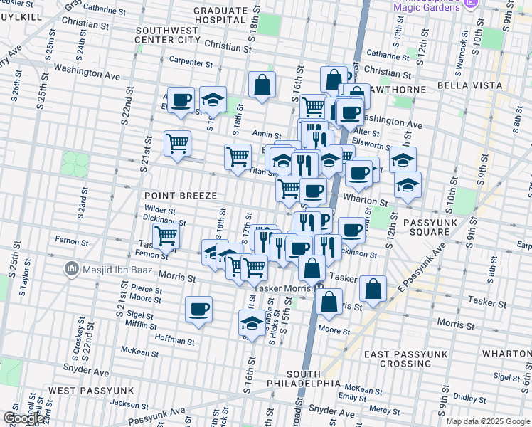 map of restaurants, bars, coffee shops, grocery stores, and more near 1620 Reed Street in Philadelphia