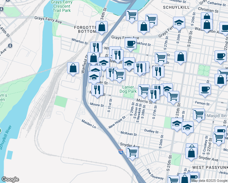 map of restaurants, bars, coffee shops, grocery stores, and more near 1615 South 31st Street in Philadelphia