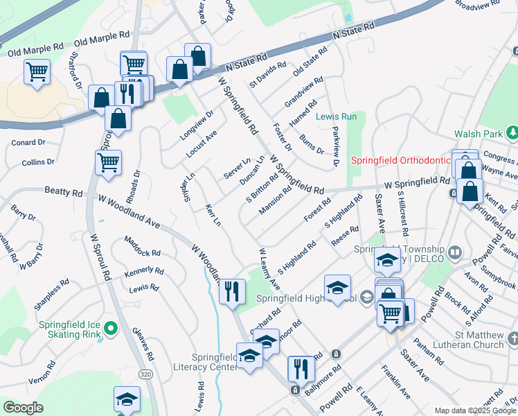 map of restaurants, bars, coffee shops, grocery stores, and more near 62 Mansion Rd in Springfield