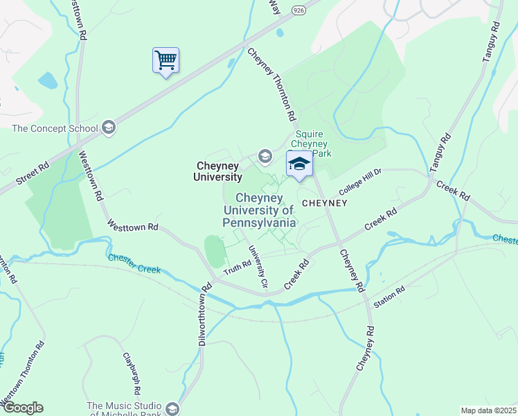 map of restaurants, bars, coffee shops, grocery stores, and more near 1837 University Circle in Delaware County