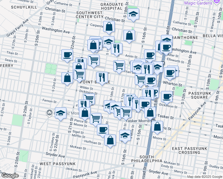 map of restaurants, bars, coffee shops, grocery stores, and more near 1416 South 18th Street in Philadelphia