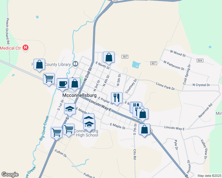 map of restaurants, bars, coffee shops, grocery stores, and more near 104 Myers Avenue in McConnellsburg
