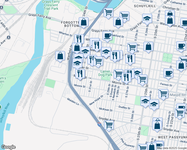 map of restaurants, bars, coffee shops, grocery stores, and more near 1615 South 31st Street in Philadelphia