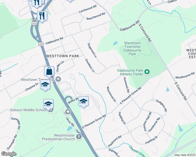 map of restaurants, bars, coffee shops, grocery stores, and more near 1028 Goodwin Lane in West Chester