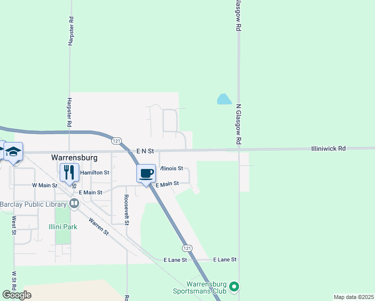 map of restaurants, bars, coffee shops, grocery stores, and more near 701 East North Street in Warrensburg