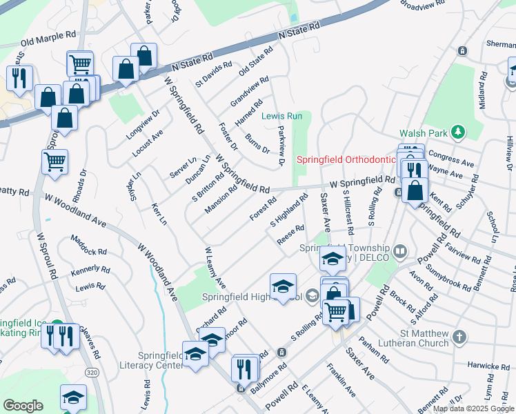 map of restaurants, bars, coffee shops, grocery stores, and more near 44 Forest Road in Springfield