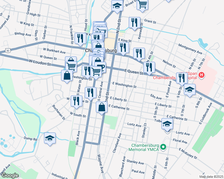 map of restaurants, bars, coffee shops, grocery stores, and more near 240 South 2nd Street in Chambersburg