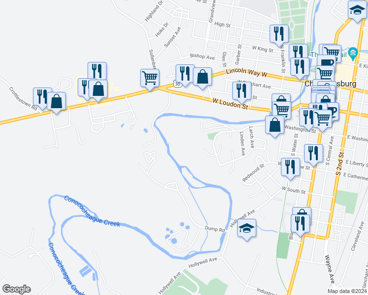map of restaurants, bars, coffee shops, grocery stores, and more near 575 West Washington Street in Chambersburg