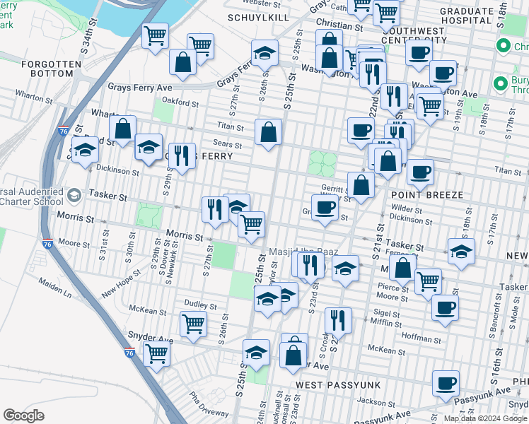 map of restaurants, bars, coffee shops, grocery stores, and more near 1530 South 25th Street in Philadelphia