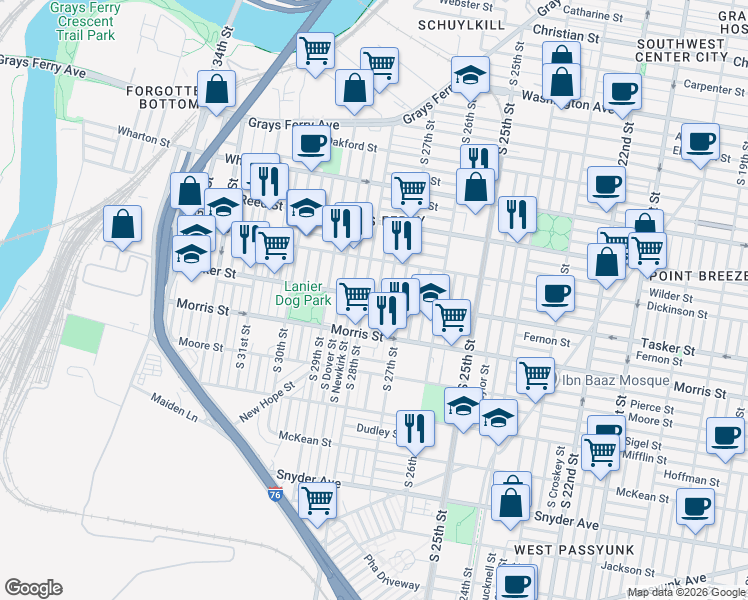 map of restaurants, bars, coffee shops, grocery stores, and more near in Philadelphia