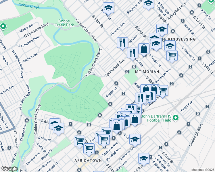 map of restaurants, bars, coffee shops, grocery stores, and more near 6036 Trinity Street in Philadelphia