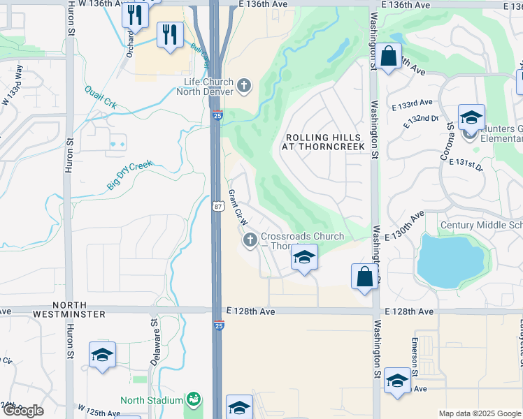 map of restaurants, bars, coffee shops, grocery stores, and more near 13029 Grant Circle East in Thornton