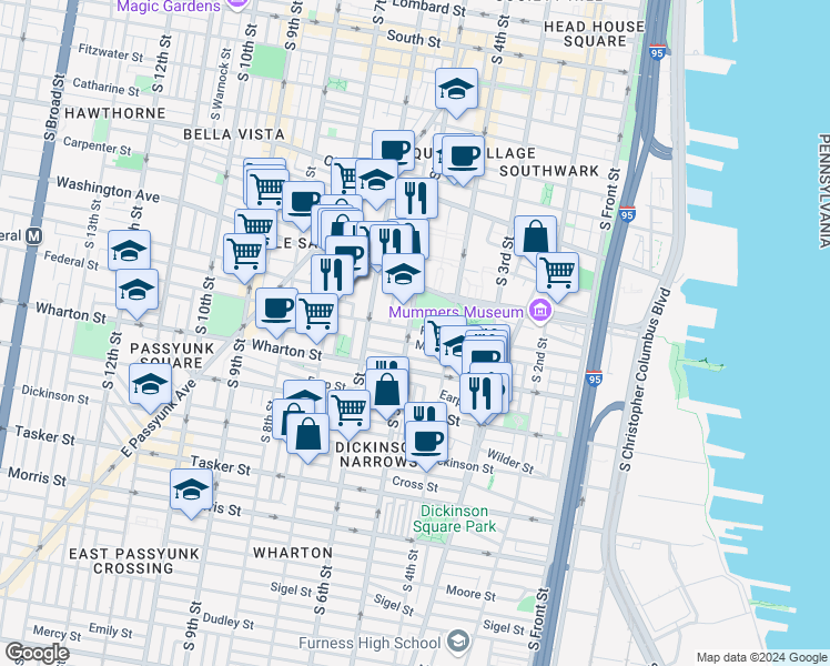 map of restaurants, bars, coffee shops, grocery stores, and more near in Philadelphia