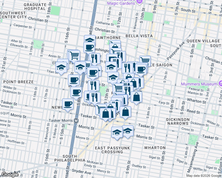 map of restaurants, bars, coffee shops, grocery stores, and more near 1339 South 12th Street in Philadelphia