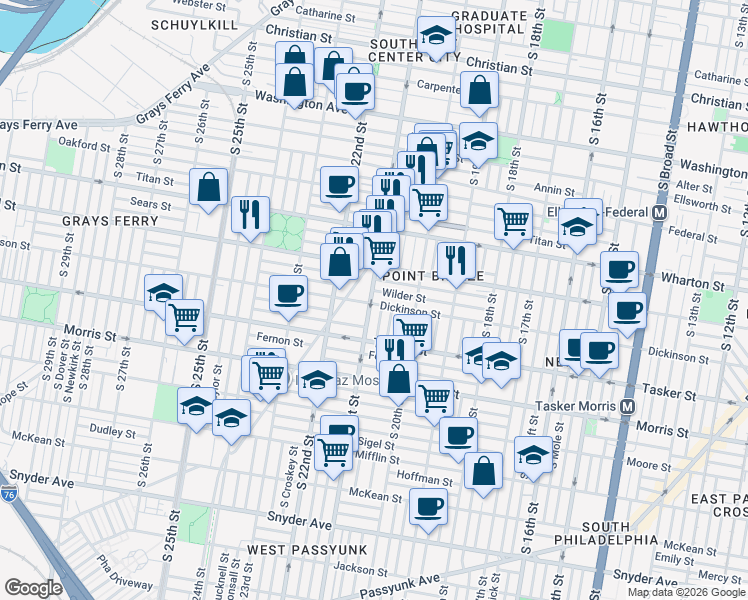 map of restaurants, bars, coffee shops, grocery stores, and more near 2104 Dickinson Street in Philadelphia