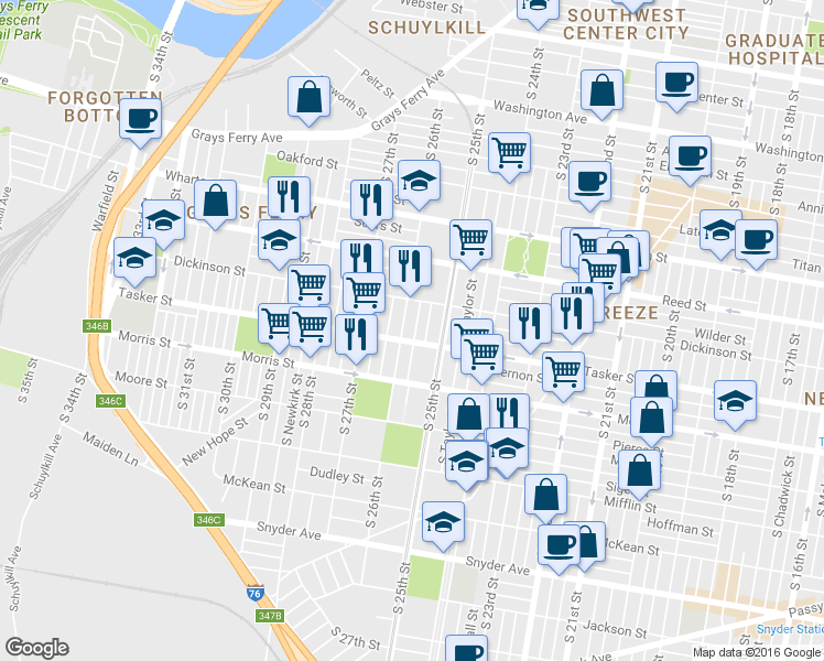 map of restaurants, bars, coffee shops, grocery stores, and more near 1553 South Bambrey Street in Philadelphia