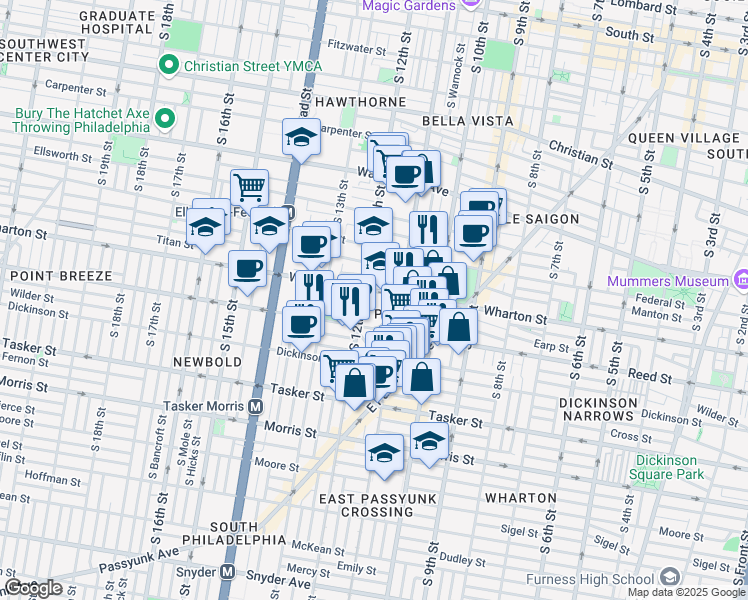 map of restaurants, bars, coffee shops, grocery stores, and more near 1339 South 12th Street in Philadelphia