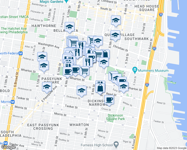 map of restaurants, bars, coffee shops, grocery stores, and more near 1213 South Marshall Street in Philadelphia