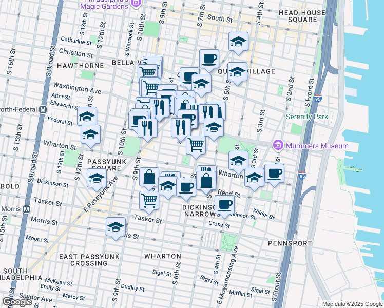 map of restaurants, bars, coffee shops, grocery stores, and more near 1213 South Marshall Street in Philadelphia