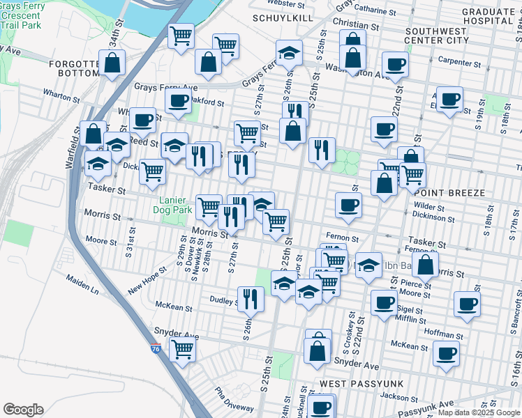map of restaurants, bars, coffee shops, grocery stores, and more near 1547 South Bailey Street in Philadelphia