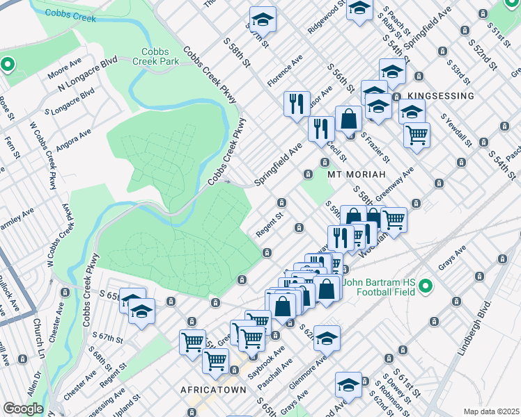map of restaurants, bars, coffee shops, grocery stores, and more near 6036 Trinity Street in Philadelphia